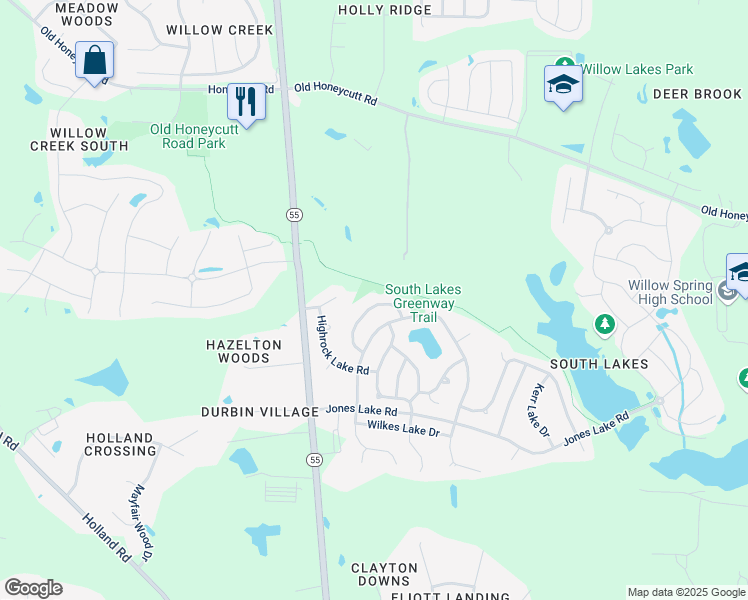map of restaurants, bars, coffee shops, grocery stores, and more near 521 Lake Gaston Drive in Fuquay-Varina