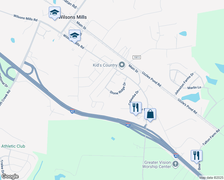map of restaurants, bars, coffee shops, grocery stores, and more near 144 Stone Ridge Drive in Smithfield