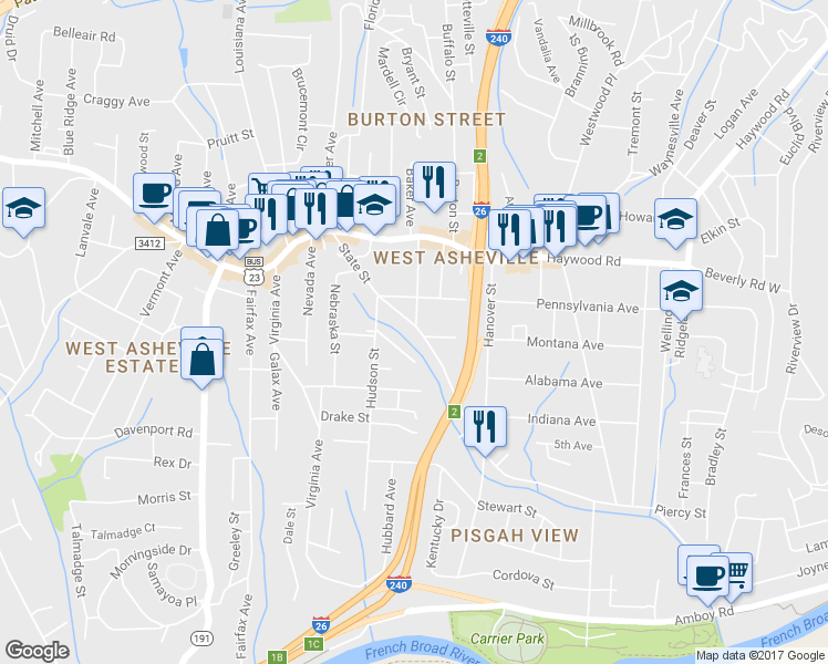 map of restaurants, bars, coffee shops, grocery stores, and more near 115 State Street in Asheville