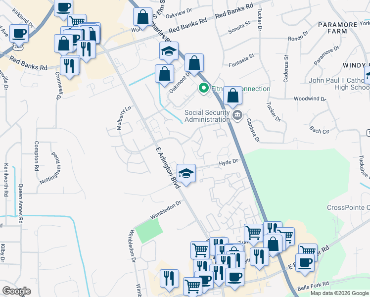 map of restaurants, bars, coffee shops, grocery stores, and more near 108 Breezewood Drive in Greenville