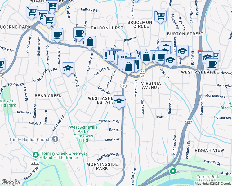 map of restaurants, bars, coffee shops, grocery stores, and more near 20 Olney Road in Asheville