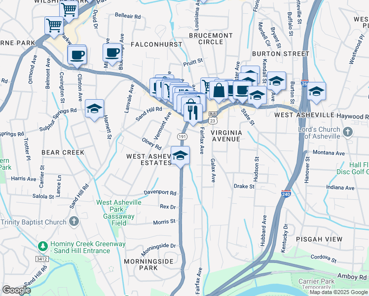 map of restaurants, bars, coffee shops, grocery stores, and more near 64 Brevard Road in Asheville