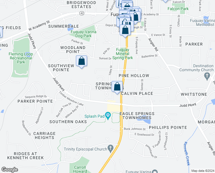 map of restaurants, bars, coffee shops, grocery stores, and more near 501 Old Spring Hill Lane in Fuquay Varina