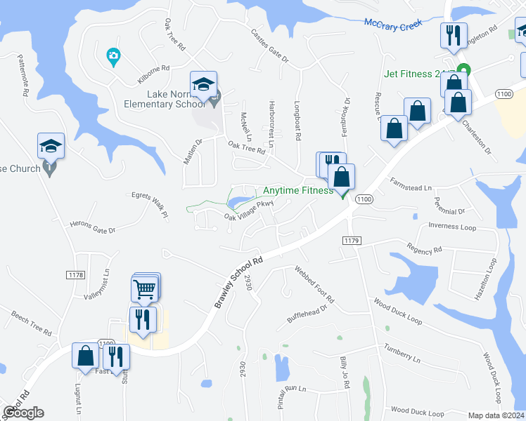 map of restaurants, bars, coffee shops, grocery stores, and more near 199 Clusters Circle in Mooresville