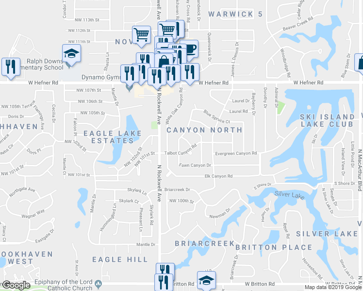 map of restaurants, bars, coffee shops, grocery stores, and more near 10408 Fawn Canyon Drive in Oklahoma City