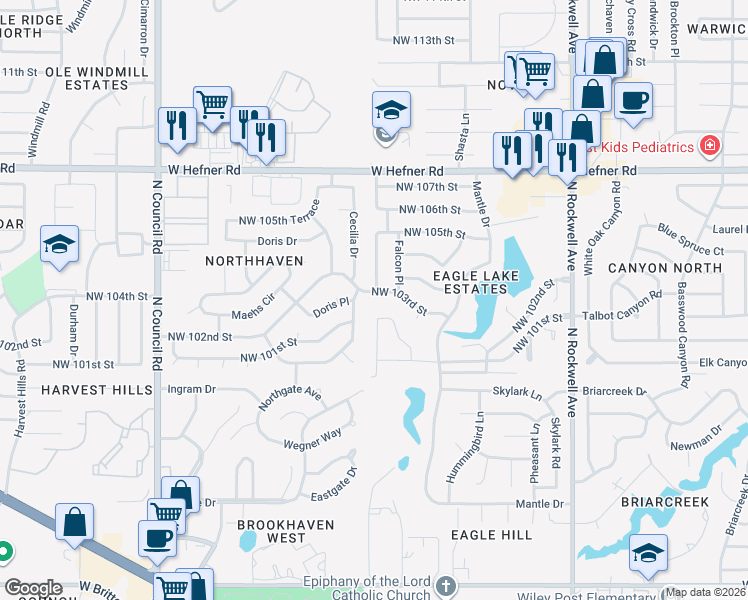map of restaurants, bars, coffee shops, grocery stores, and more near 7516 Northwest 103rd Street in Oklahoma City