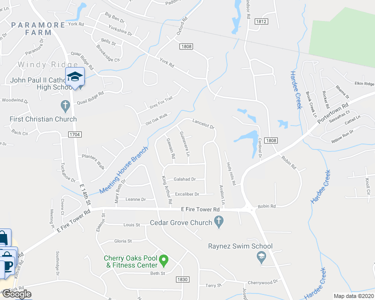 map of restaurants, bars, coffee shops, grocery stores, and more near 107 Guinevere Lane in Greenville