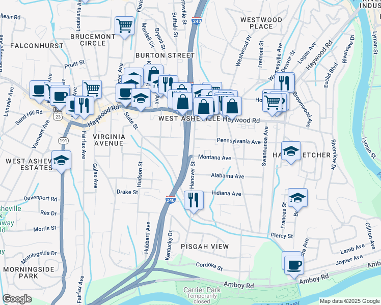 map of restaurants, bars, coffee shops, grocery stores, and more near 61 Hanover St in Asheville