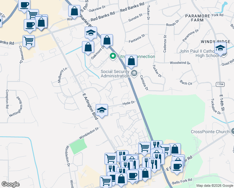 map of restaurants, bars, coffee shops, grocery stores, and more near 2221 Hyde Drive in Greenville
