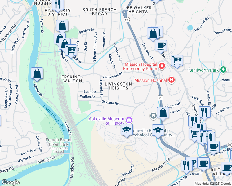 map of restaurants, bars, coffee shops, grocery stores, and more near 28 Erskine Avenue in Asheville