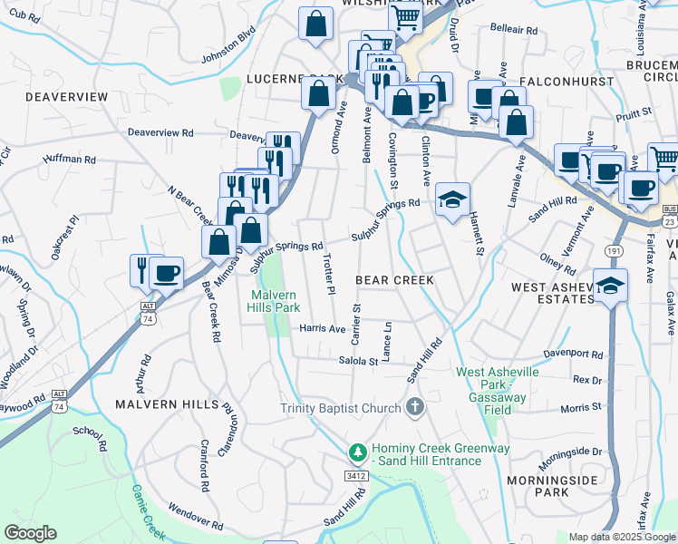 map of restaurants, bars, coffee shops, grocery stores, and more near 64 Trotter Place in Asheville