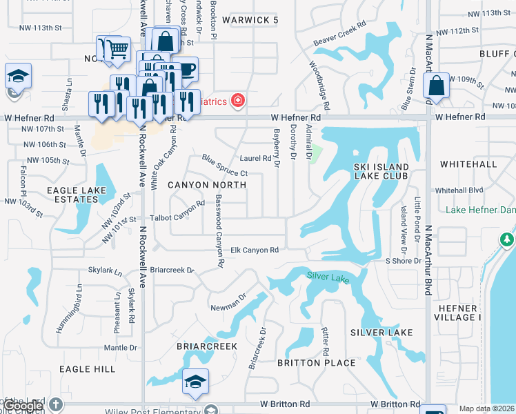 map of restaurants, bars, coffee shops, grocery stores, and more near 10409 Evergreen Court in Oklahoma City