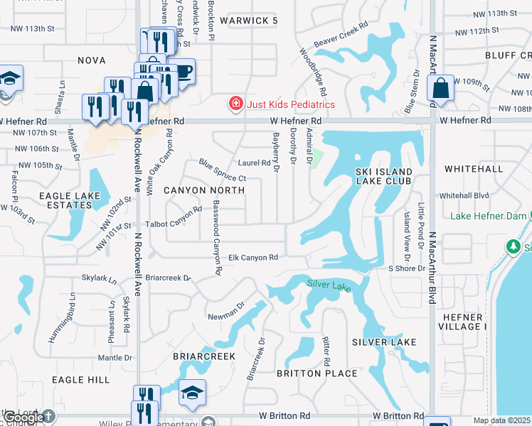 map of restaurants, bars, coffee shops, grocery stores, and more near 10405 Bayberry Drive in Oklahoma City