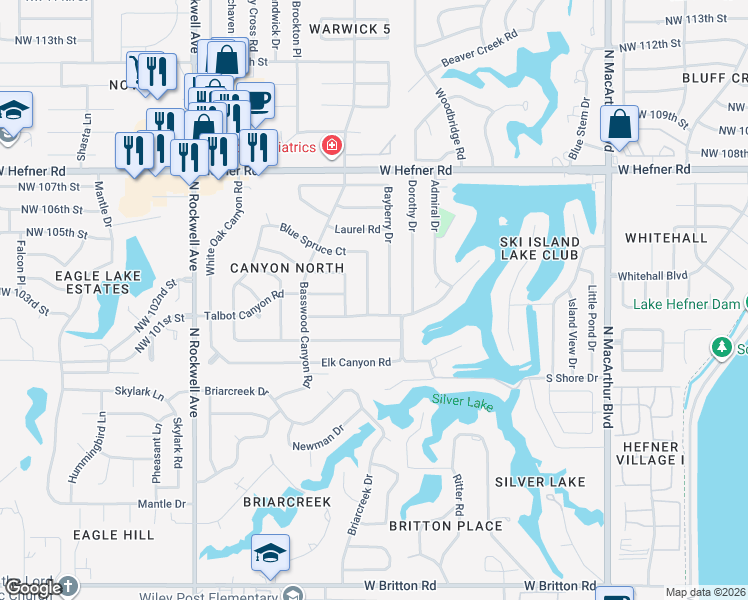 map of restaurants, bars, coffee shops, grocery stores, and more near 10405 Bayberry Drive in Oklahoma City