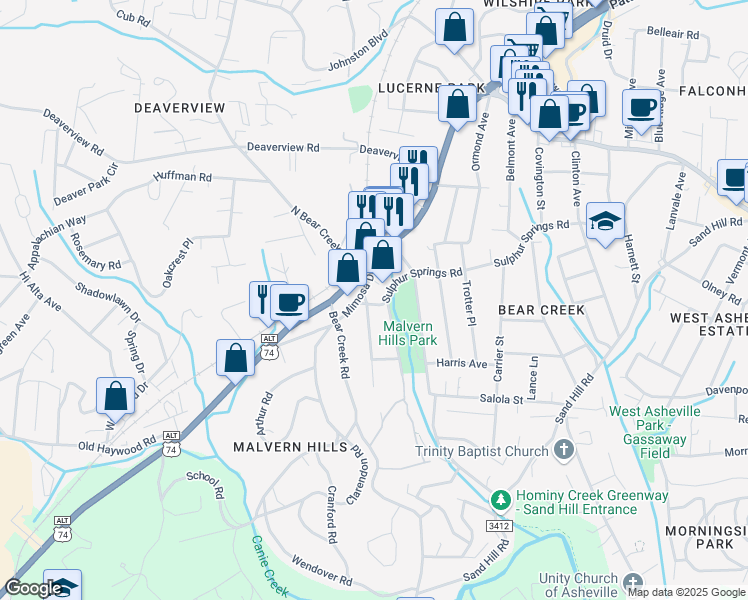 map of restaurants, bars, coffee shops, grocery stores, and more near 16 Madeline Avenue in Asheville
