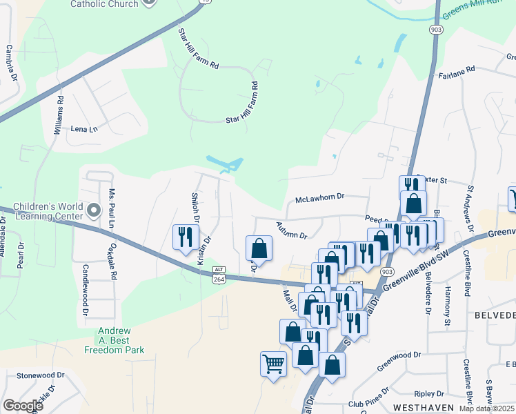 map of restaurants, bars, coffee shops, grocery stores, and more near 1008 Peed Drive in Greenville