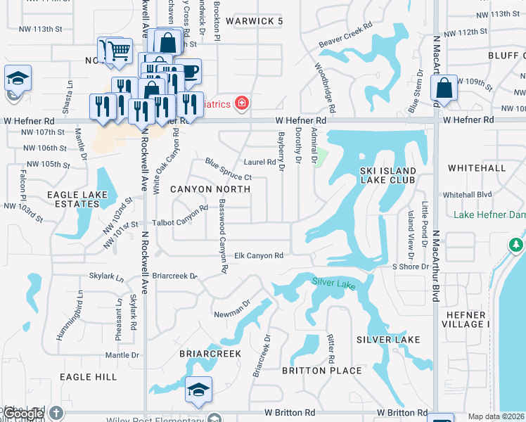 map of restaurants, bars, coffee shops, grocery stores, and more near 10409 Evergreen Court in Oklahoma City