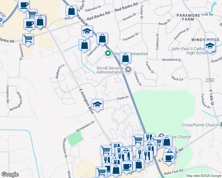 map of restaurants, bars, coffee shops, grocery stores, and more near 2221 Hyde Drive in Greenville