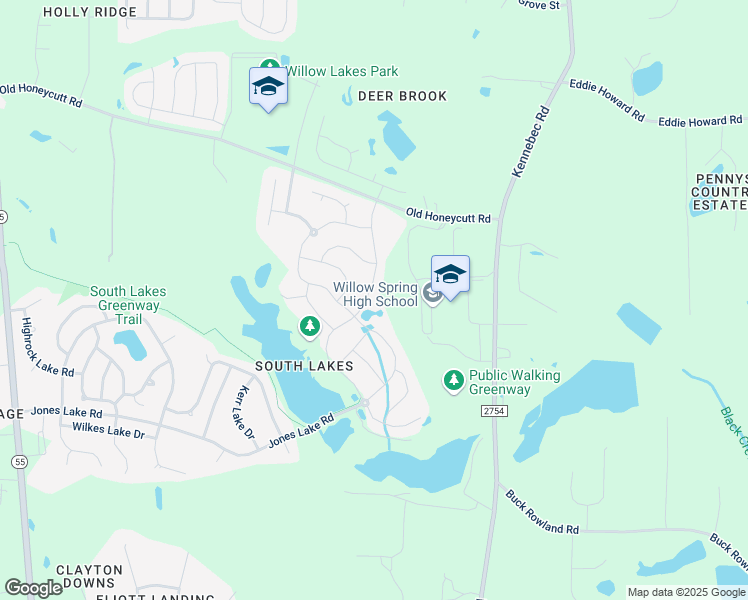 map of restaurants, bars, coffee shops, grocery stores, and more near 305 Long Lake Drive in Fuquay-Varina