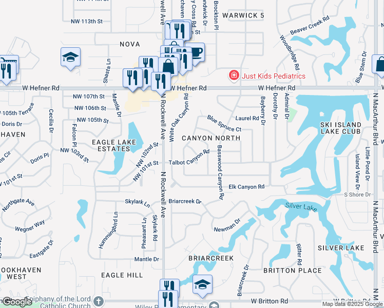 map of restaurants, bars, coffee shops, grocery stores, and more near 10405 Cricket Court in Oklahoma City