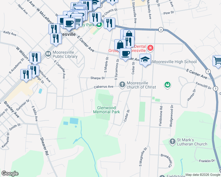 map of restaurants, bars, coffee shops, grocery stores, and more near 233 Glenwood Drive in Mooresville