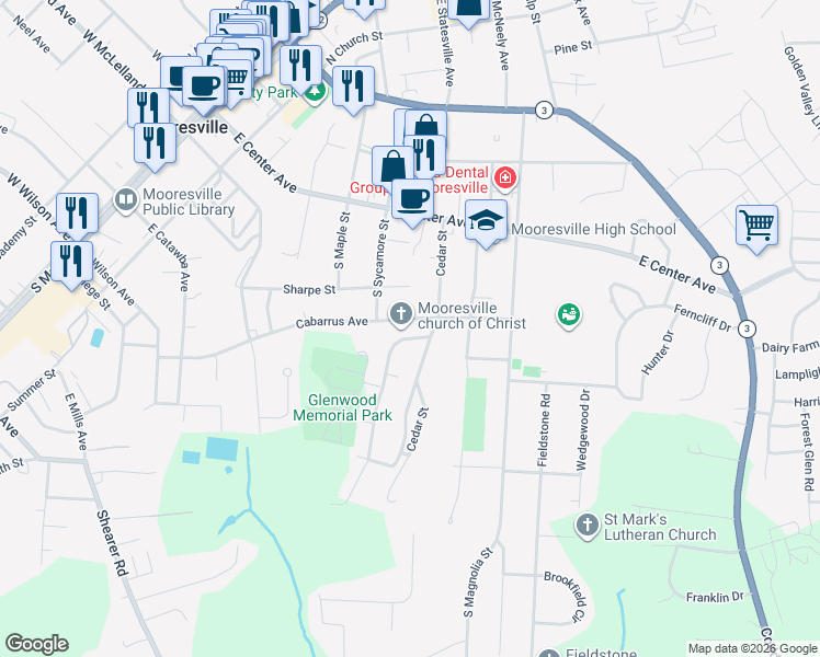 map of restaurants, bars, coffee shops, grocery stores, and more near 213 Glenwood Drive in Mooresville