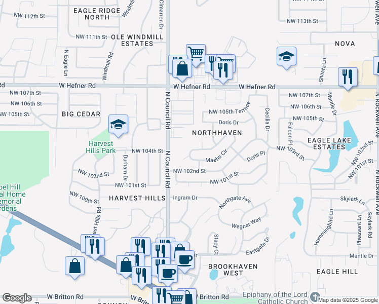 map of restaurants, bars, coffee shops, grocery stores, and more near 7911 Maehs Terrace in Oklahoma City