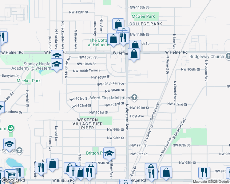 map of restaurants, bars, coffee shops, grocery stores, and more near 1128 Northwest 104th Street in Oklahoma City
