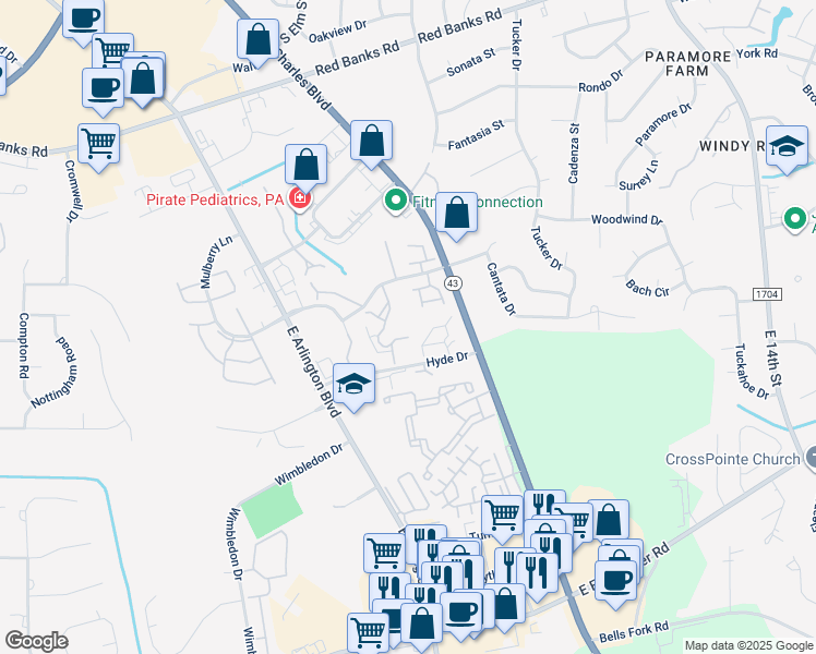 map of restaurants, bars, coffee shops, grocery stores, and more near 113 Breezewood Drive in Greenville