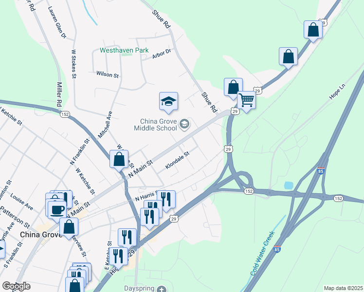 map of restaurants, bars, coffee shops, grocery stores, and more near 1002 North Main Street in China Grove