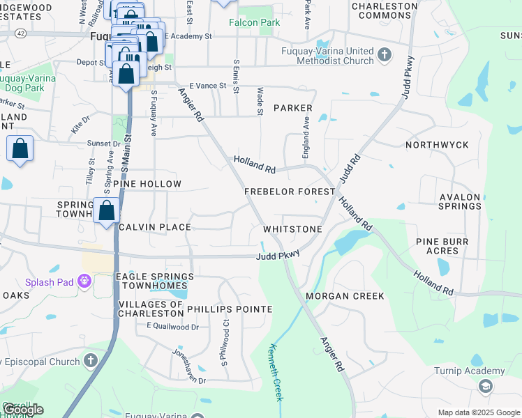map of restaurants, bars, coffee shops, grocery stores, and more near 701 Angier Road in Fuquay Varina