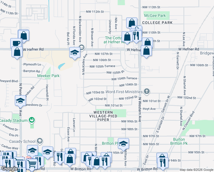 map of restaurants, bars, coffee shops, grocery stores, and more near 10412 North University Avenue in Oklahoma City