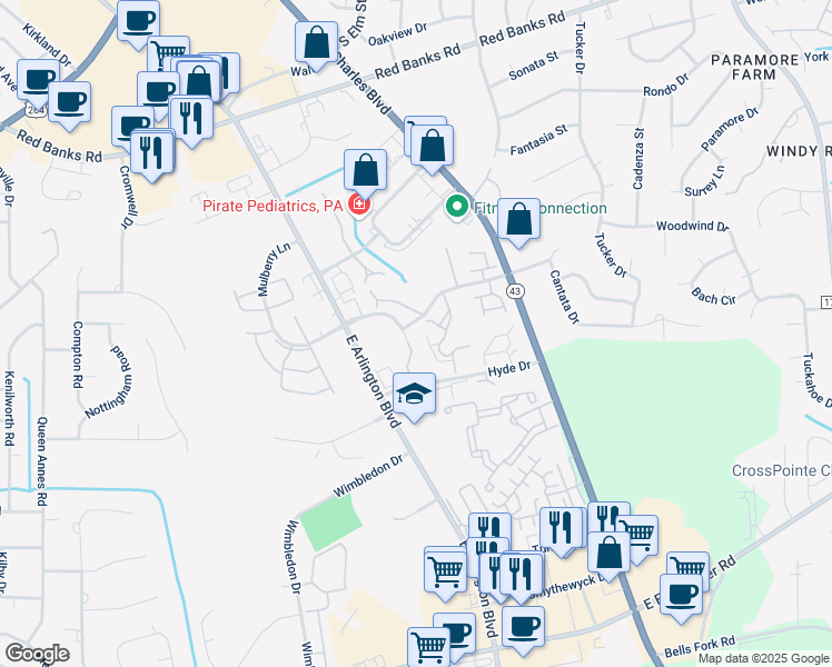 map of restaurants, bars, coffee shops, grocery stores, and more near 108 Breezewood Drive in Greenville
