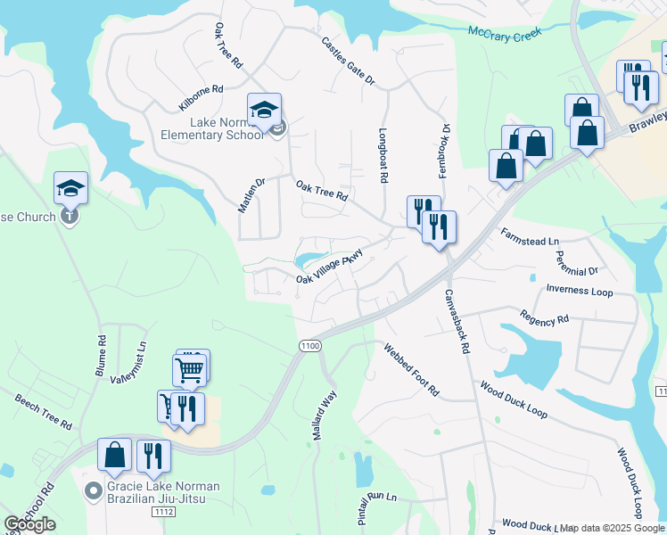 map of restaurants, bars, coffee shops, grocery stores, and more near 177 Oak Village Parkway in Mooresville