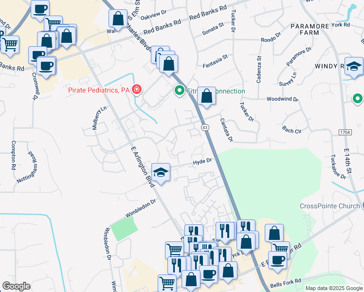 map of restaurants, bars, coffee shops, grocery stores, and more near 111 Breezewood Drive in Greenville