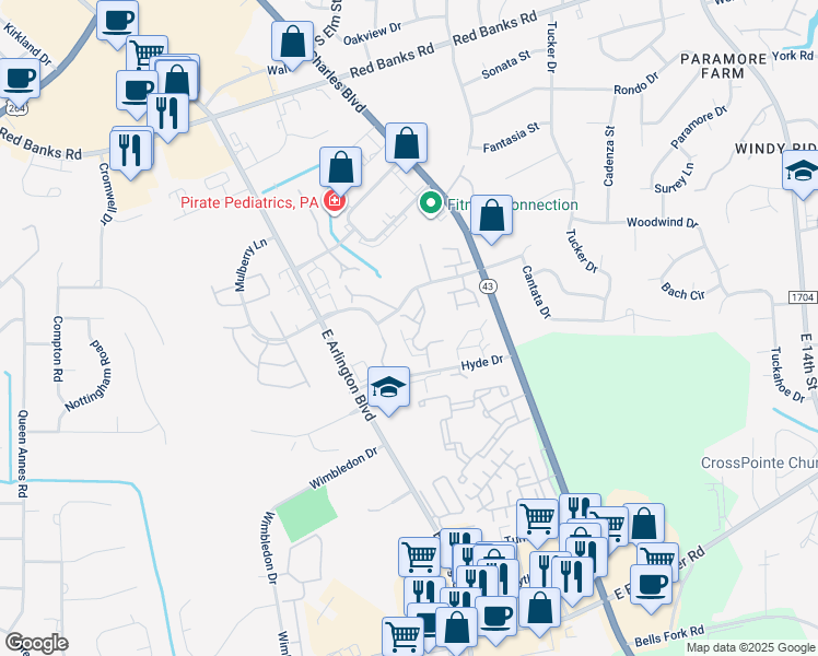map of restaurants, bars, coffee shops, grocery stores, and more near 111 Breezewood Drive in Greenville