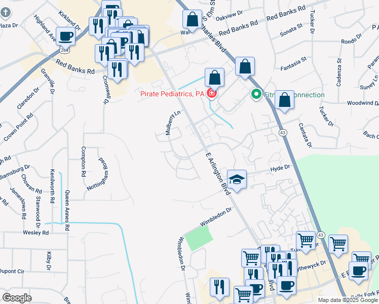 map of restaurants, bars, coffee shops, grocery stores, and more near 3003 Mulberry Lane in Greenville