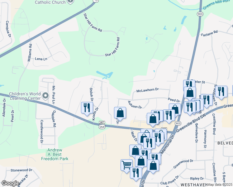 map of restaurants, bars, coffee shops, grocery stores, and more near 1010 Peed Drive in Greenville