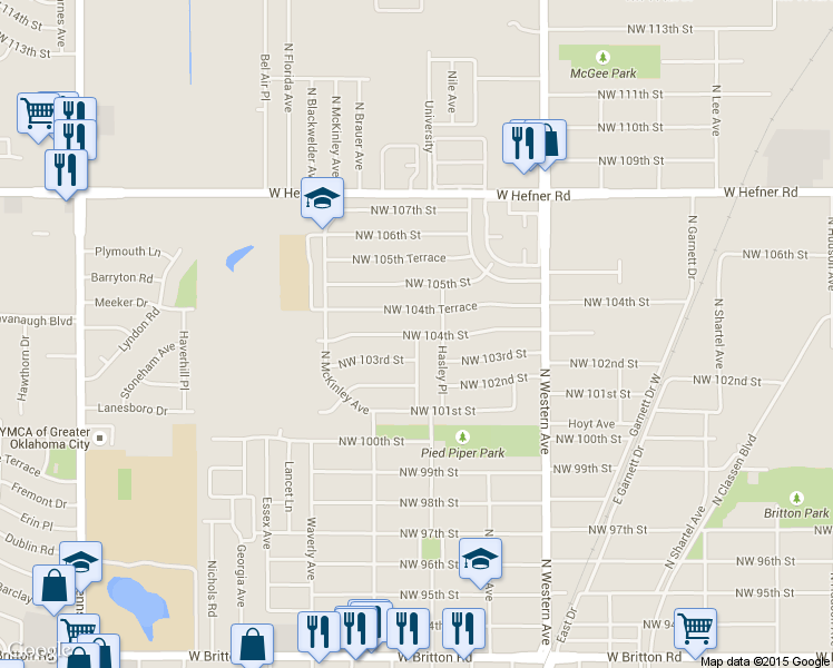 map of restaurants, bars, coffee shops, grocery stores, and more near 10412 North University Avenue in Oklahoma City