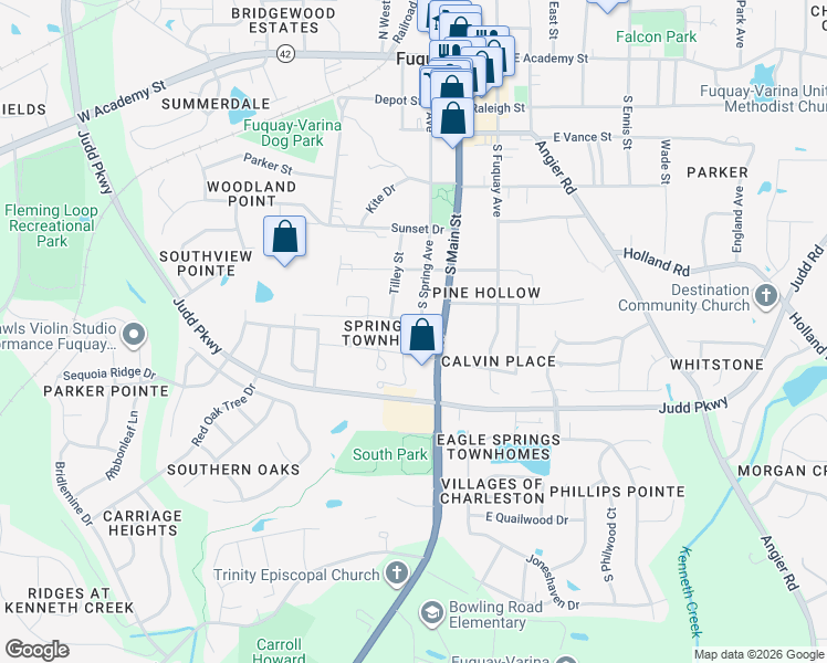 map of restaurants, bars, coffee shops, grocery stores, and more near 714 South Main Street in Fuquay-Varina