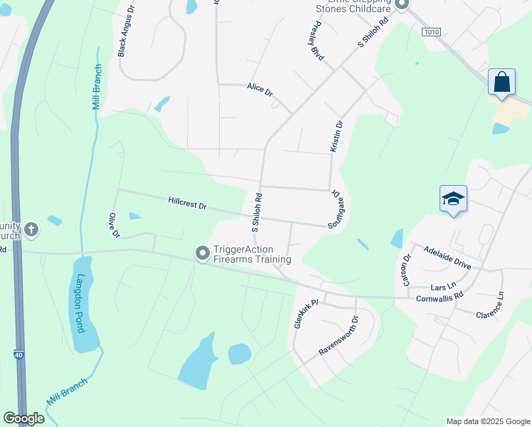 map of restaurants, bars, coffee shops, grocery stores, and more near 4325 South Shiloh Road in Garner