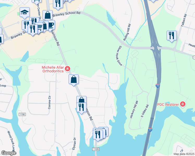 map of restaurants, bars, coffee shops, grocery stores, and more near 137 Currituck Court in Mooresville