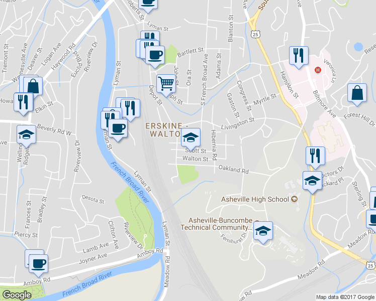 map of restaurants, bars, coffee shops, grocery stores, and more near 67 Scott Street in Asheville