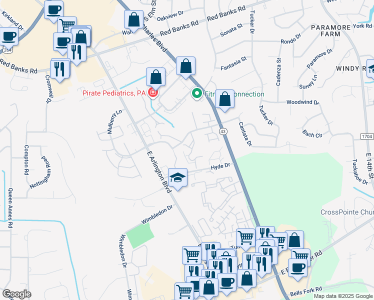 map of restaurants, bars, coffee shops, grocery stores, and more near 104 Breezewood Drive in Greenville