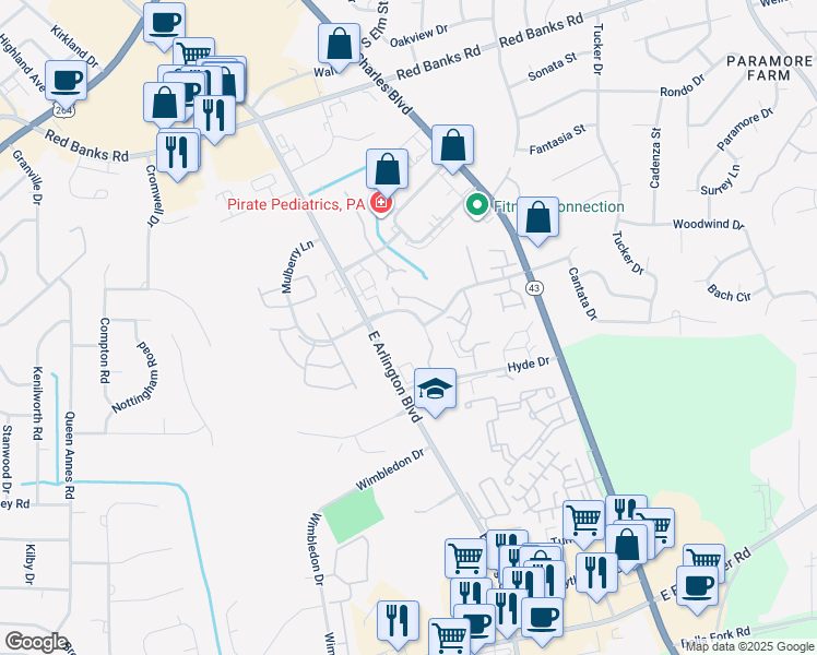 map of restaurants, bars, coffee shops, grocery stores, and more near 3302 Mulberry Lane in Greenville