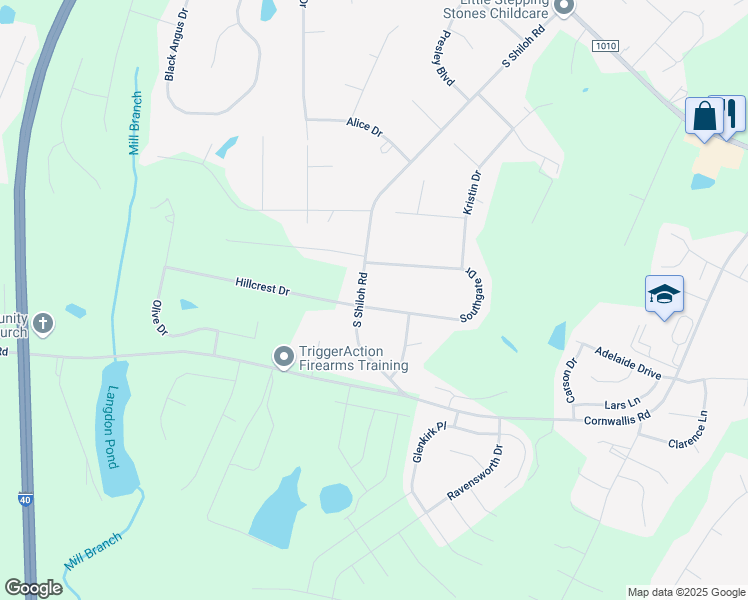 map of restaurants, bars, coffee shops, grocery stores, and more near 4325 South Shiloh Road in Garner