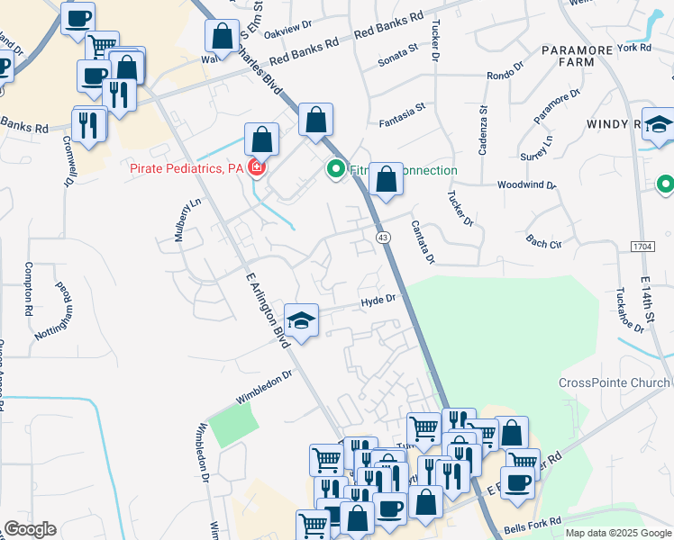 map of restaurants, bars, coffee shops, grocery stores, and more near 107 Breezewood Drive in Greenville