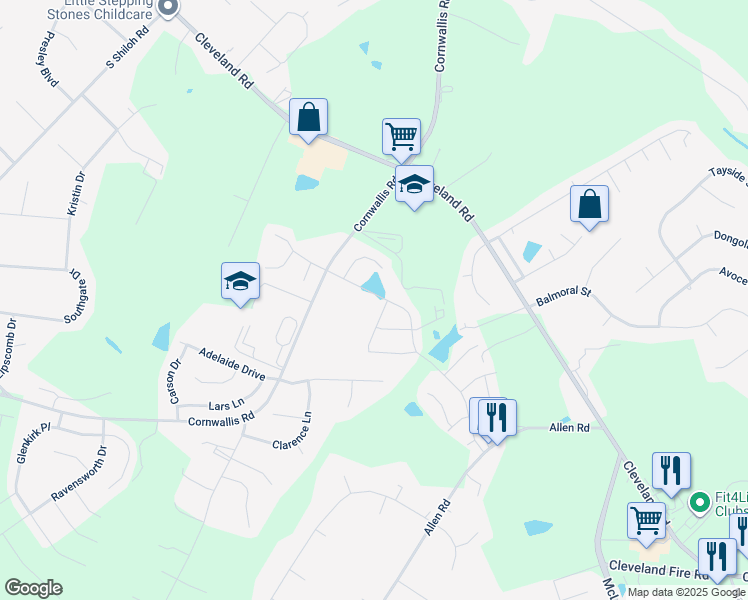 map of restaurants, bars, coffee shops, grocery stores, and more near 38 Green Cypress Way in Garner