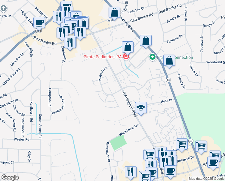 map of restaurants, bars, coffee shops, grocery stores, and more near 3003 Mulberry Lane in Greenville