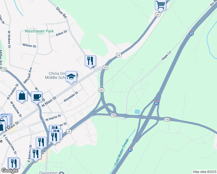 map of restaurants, bars, coffee shops, grocery stores, and more near 255 Madison Road in China Grove